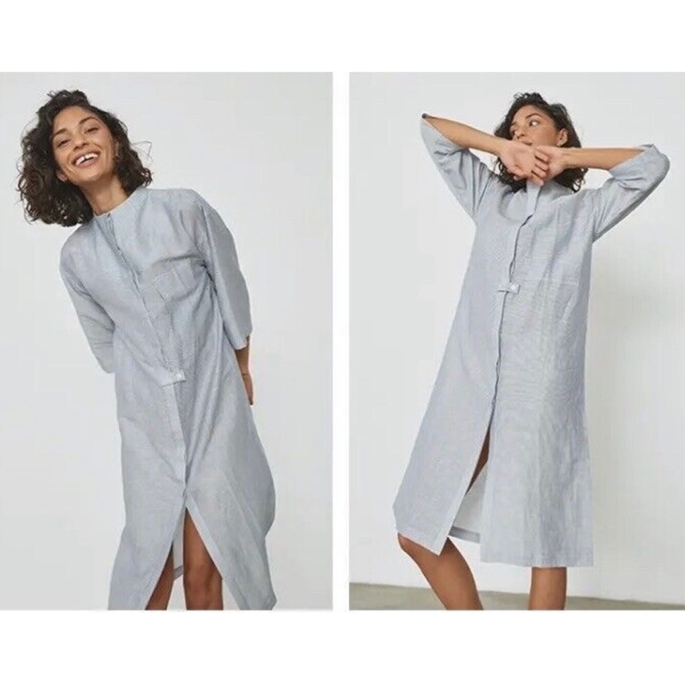 Lunya Silk Linen Cotton Long Tunic Robe Blue Pinstripe M Pajama Sleep Loungewear